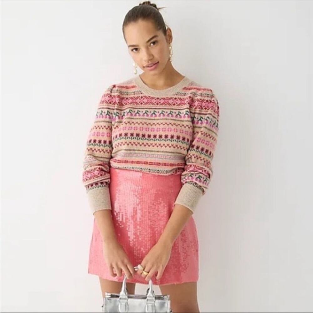 J. Crew Pink Cream Multi-Pattern Crewneck Sweater